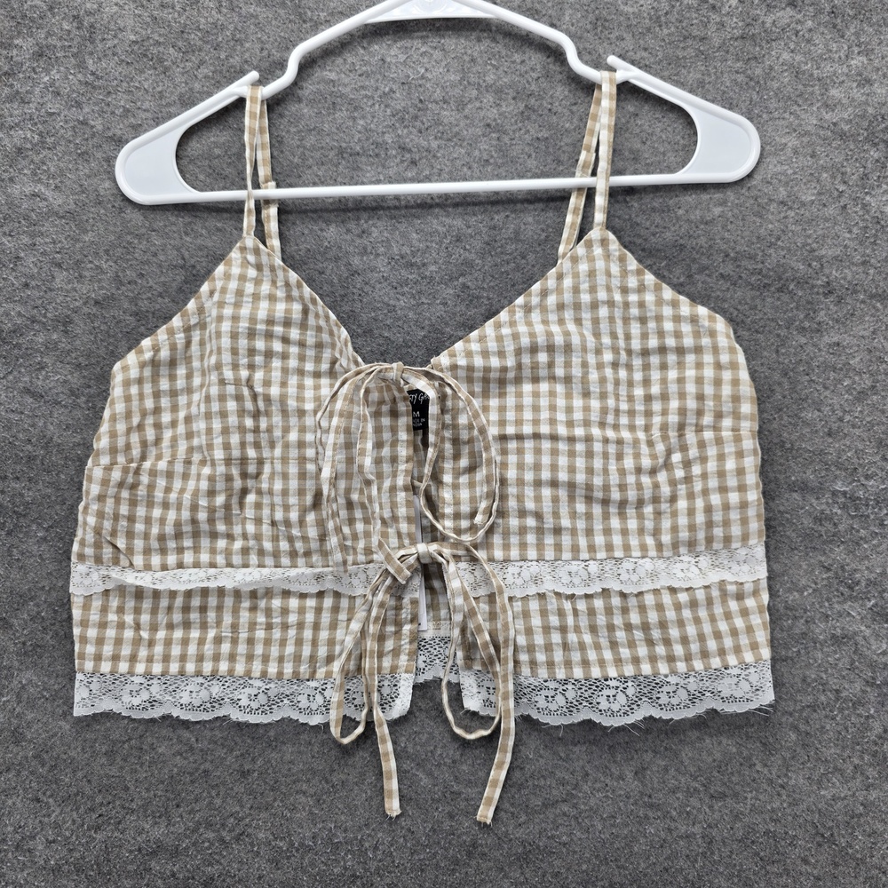 Nasty Gal Checked Tie Front Cami Top Womens Medium Beige White Lace Trim New